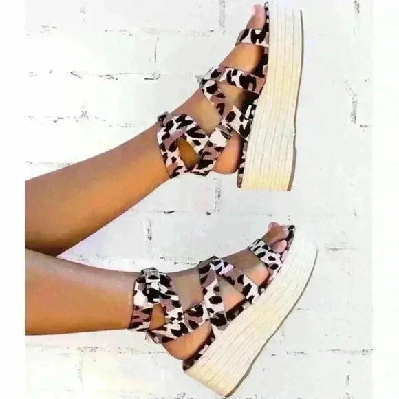 Qupid Shoes - Qupid Leopard Print Canvas Platform Cross Over Espadrilles, 7.5